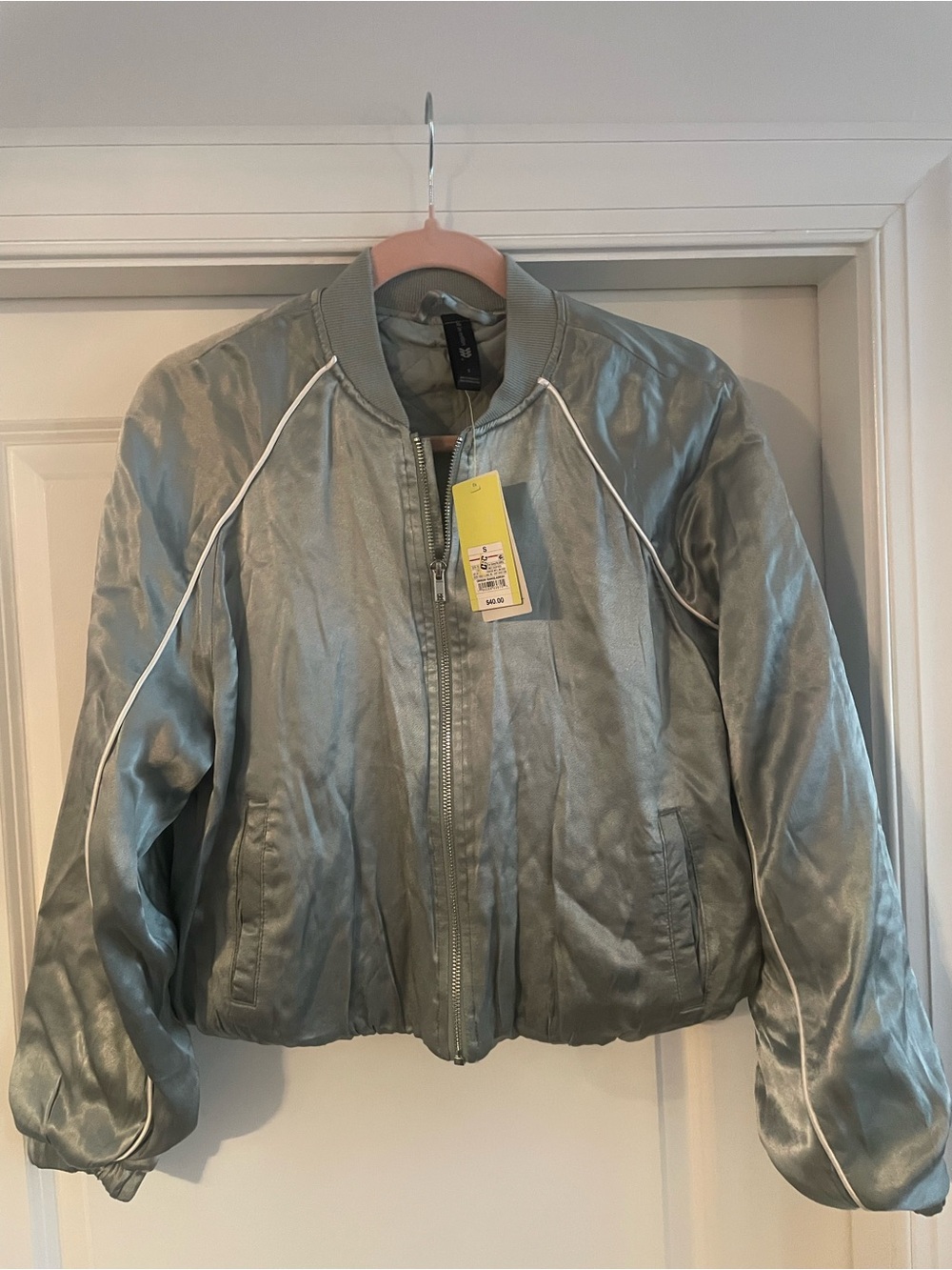 all in motion Shimmery Sage Green Bomber Jacket with White Piping